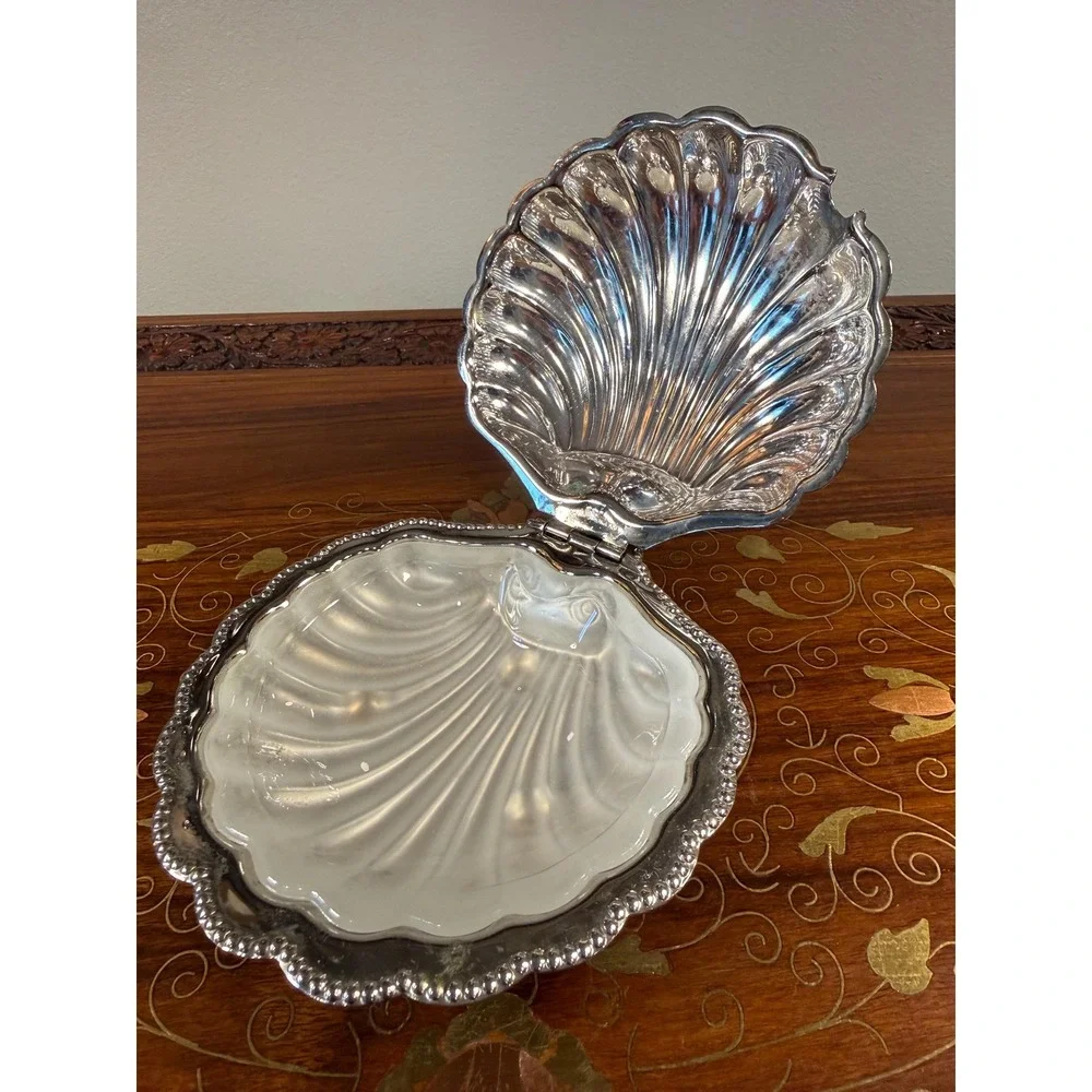 Vintage Clamshell Butter Dish • E&JL Silver Plate Server w/ Frosted Glass Insert